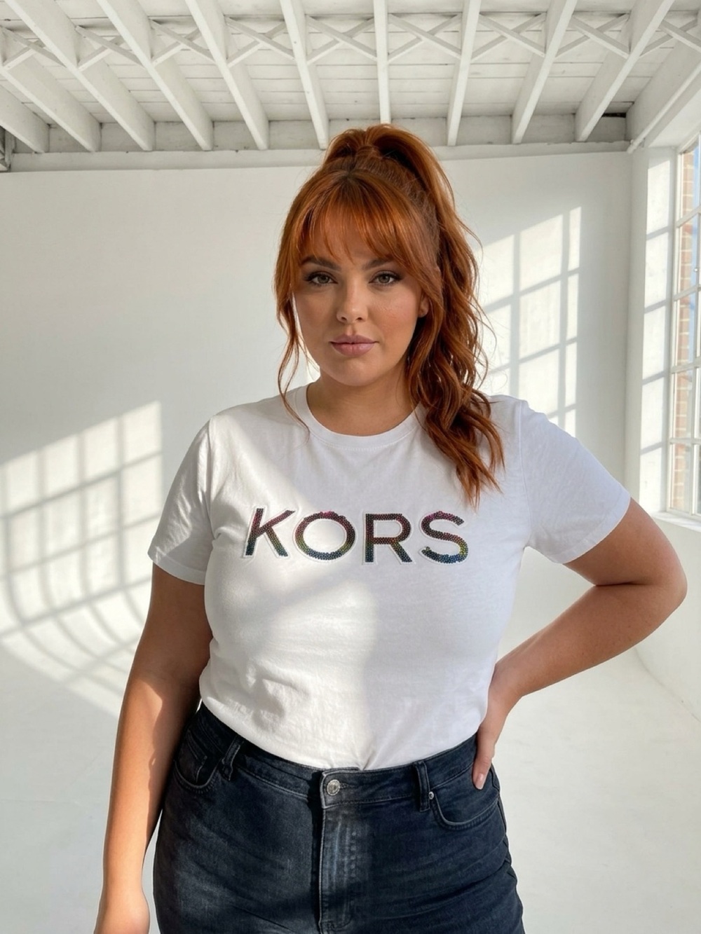 Michael Kors women  White Tee with Rainbow Sequin KORS Patch